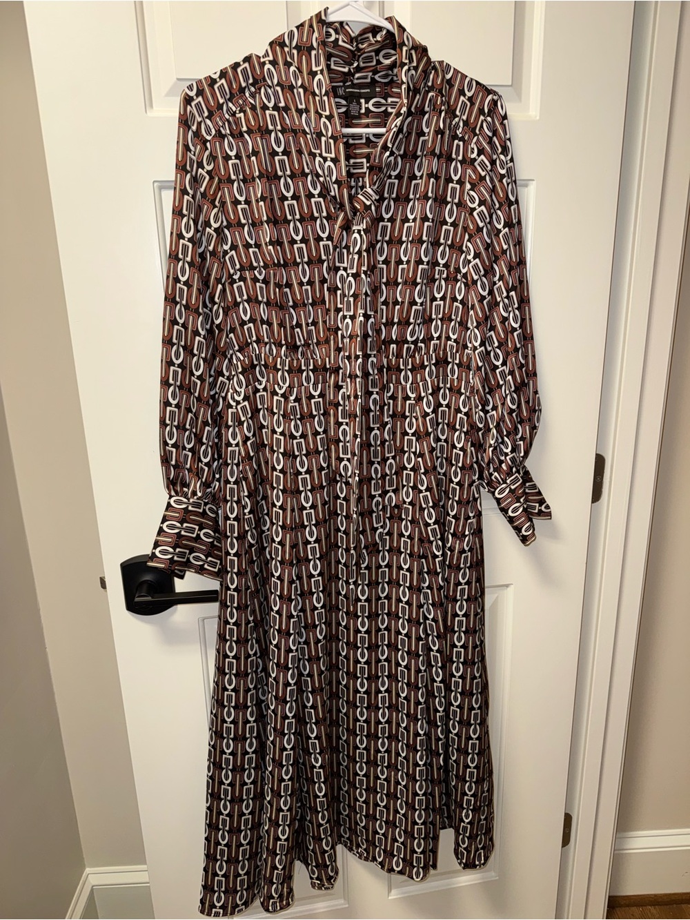 INC International Concepts Brown Chain-Print Long Sleeve Shirt Dress